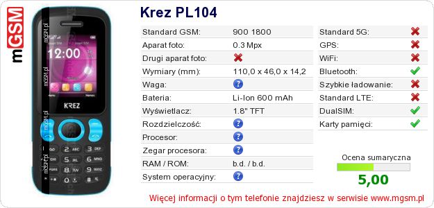 Dane telefonu Krez PL104