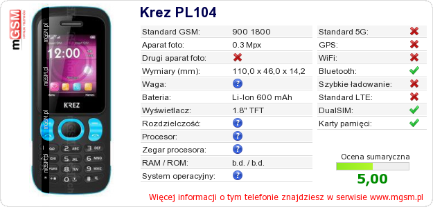 Dane telefonu Krez PL104