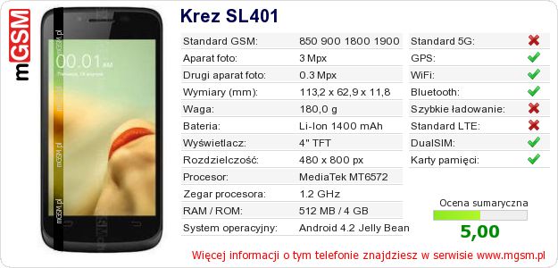 Dane telefonu Krez SL401 Dane telefonu Krez SL401