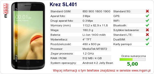Dane telefonu Krez SL401 Dane telefonu Krez SL401
