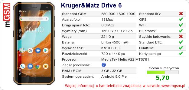 Dane telefonu Kruger&Matz Drive 6