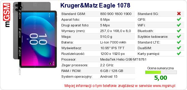 Dane telefonu Kruger&Matz Eagle 1078 Dane telefonu Kruger&Matz Eagle 1078