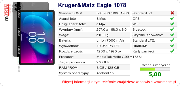 Dane telefonu Kruger&Matz Eagle 1078 Dane telefonu Kruger&Matz Eagle 1078