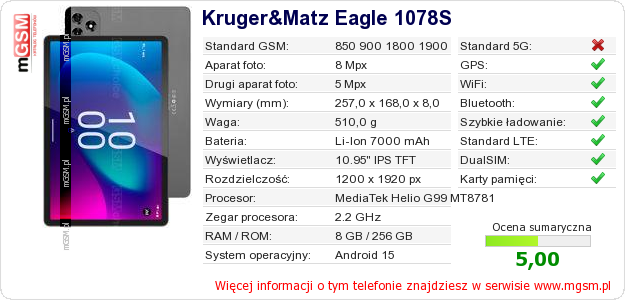 Dane telefonu Kruger&Matz Eagle 1078S Dane telefonu Kruger&Matz Eagle 1078S