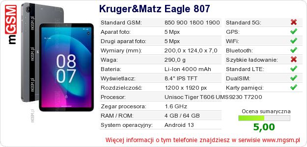 Dane telefonu Kruger&Matz Eagle 807 Dane telefonu Kruger&Matz Eagle 807