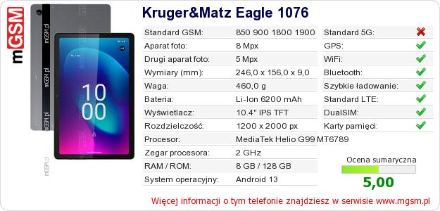 Dane telefonu Kruger&Matz Eagle 1076 Dane telefonu Kruger&Matz Eagle 1076
