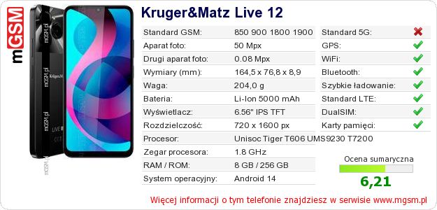 Dane telefonu Kruger&Matz Live 12 Dane telefonu Kruger&Matz Live 12