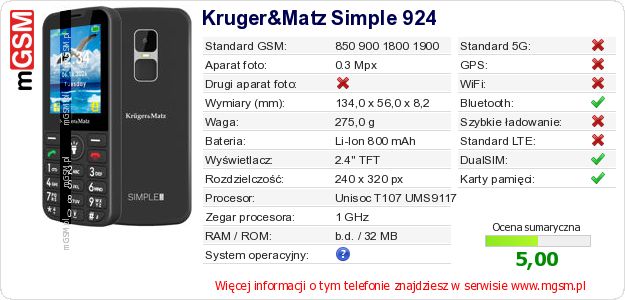 Dane telefonu Kruger&Matz Simple 924