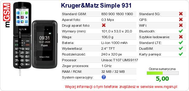 Dane telefonu Kruger&Matz Simple 931 Dane telefonu Kruger&Matz Simple 931