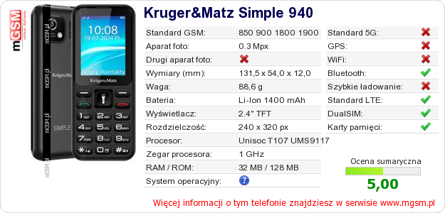 Dane telefonu Kruger&Matz Simple 940