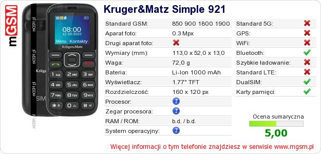 Dane telefonu Kruger&Matz Simple 921