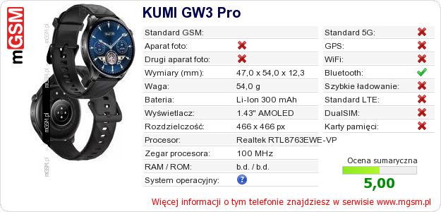Dane telefonu KUMI GW3 Pro Dane telefonu KUMI GW3 Pro