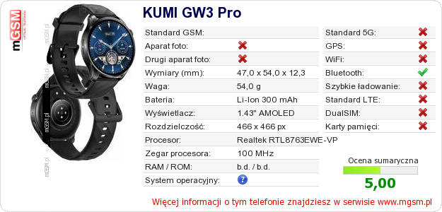 Dane telefonu KUMI GW3 Pro