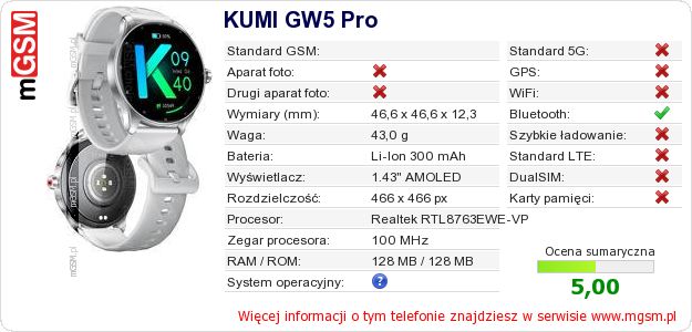Dane telefonu KUMI GW5 Pro Dane telefonu KUMI GW5 Pro