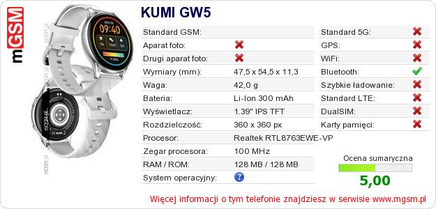 Dane telefonu KUMI GW5 Dane telefonu KUMI GW5
