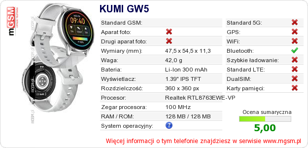 Dane telefonu KUMI GW5