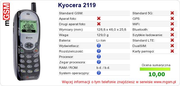 Dane telefonu Kyocera 2119