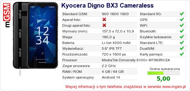 Dane telefonu Kyocera Digno BX3 Cameraless
