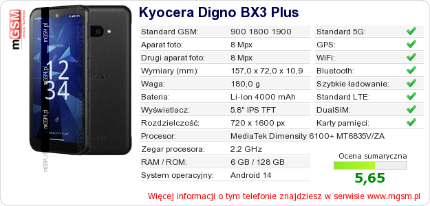 Dane telefonu Kyocera Digno BX3 Plus Dane telefonu Kyocera Digno BX3 Plus
