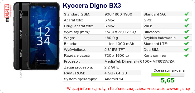 Dane telefonu Kyocera Digno BX3 Dane telefonu Kyocera Digno BX3