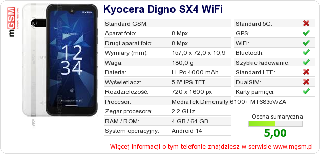 Dane telefonu Kyocera Digno SX4 WiFi