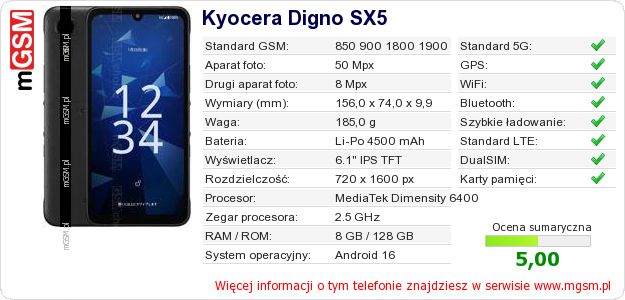 Dane telefonu Kyocera Digno SX5 Dane telefonu Kyocera Digno SX5
