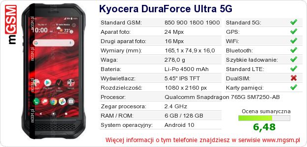 Dane telefonu Kyocera DuraForce Ultra 5G