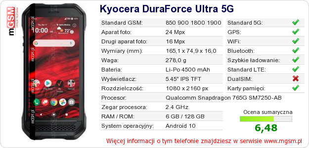 Dane telefonu Kyocera DuraForce Ultra 5G