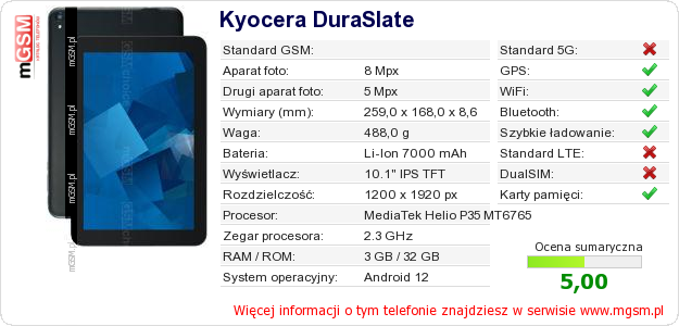 Dane telefonu Kyocera DuraSlate