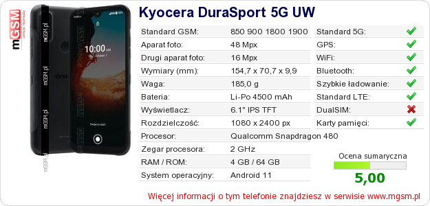 Dane telefonu Kyocera DuraSport 5G UW