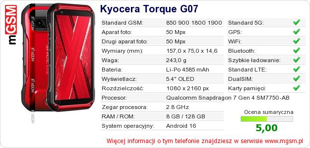 Dane telefonu Kyocera Torque G07