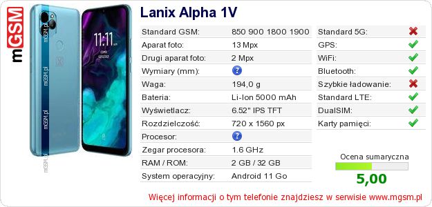 Dane telefonu Lanix Alpha 1V