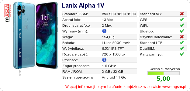 Dane telefonu Lanix Alpha 1V