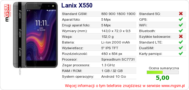 Dane telefonu Lanix X550 Dane telefonu Lanix X550