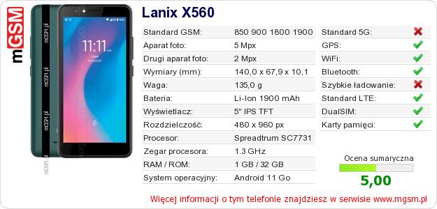 Dane telefonu Lanix X560 Dane telefonu Lanix X560