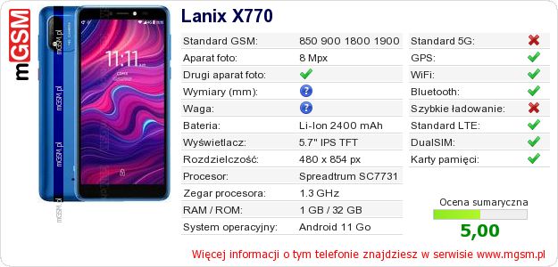 Dane telefonu Lanix X770 Dane telefonu Lanix X770