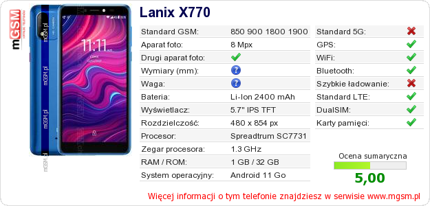 Dane telefonu Lanix X770