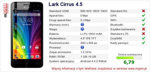 Dane telefonu Lark Cirrus 4.5