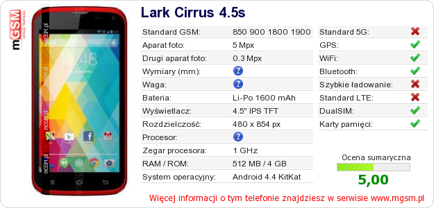 Dane telefonu Lark Cirrus 4.5s