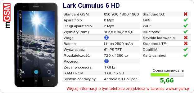 Dane telefonu Lark Cumulus 6 HD Dane telefonu Lark Cumulus 6 HD