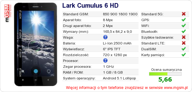 Dane telefonu Lark Cumulus 6 HD