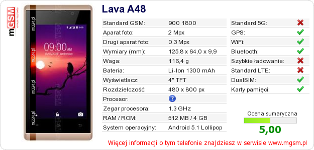 Dane telefonu Lava A48