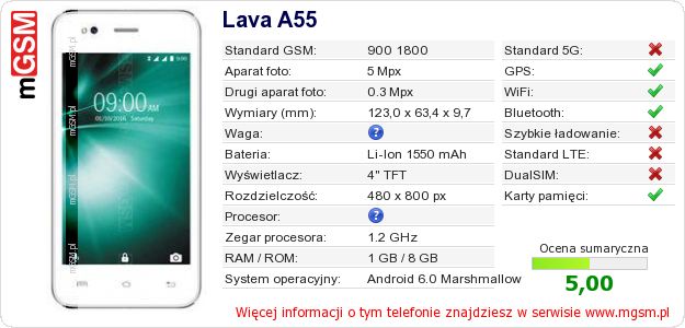 Dane telefonu Lava A55 Dane telefonu Lava A55