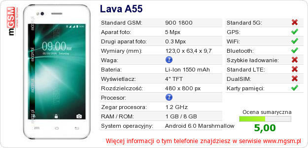 Dane telefonu Lava A55