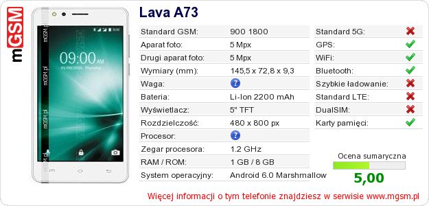 Dane telefonu Lava A73 Dane telefonu Lava A73