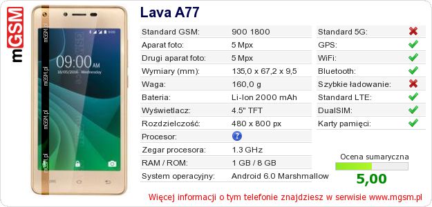 Dane telefonu Lava A77 Dane telefonu Lava A77