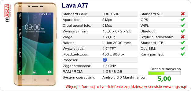 Dane telefonu Lava A77