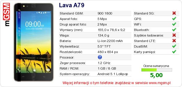 Dane telefonu Lava A79 Dane telefonu Lava A79