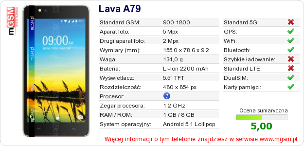 Dane telefonu Lava A79
