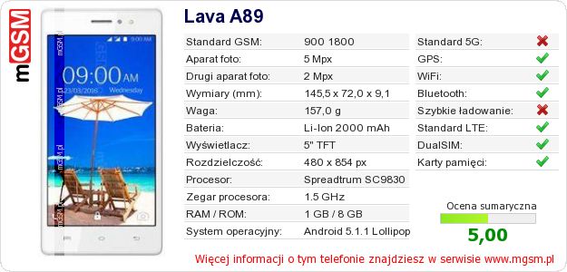 Dane telefonu Lava A89